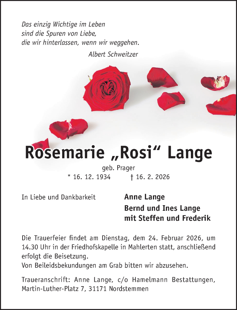 Traueranzeige für Rosemarie Lange vom 21.02.2026 aus Hildesheimer Allgemeine Zeitung