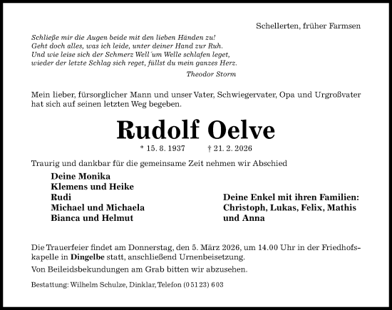 Traueranzeige von Rudolf Oelve von Hildesheimer Allgemeine Zeitung