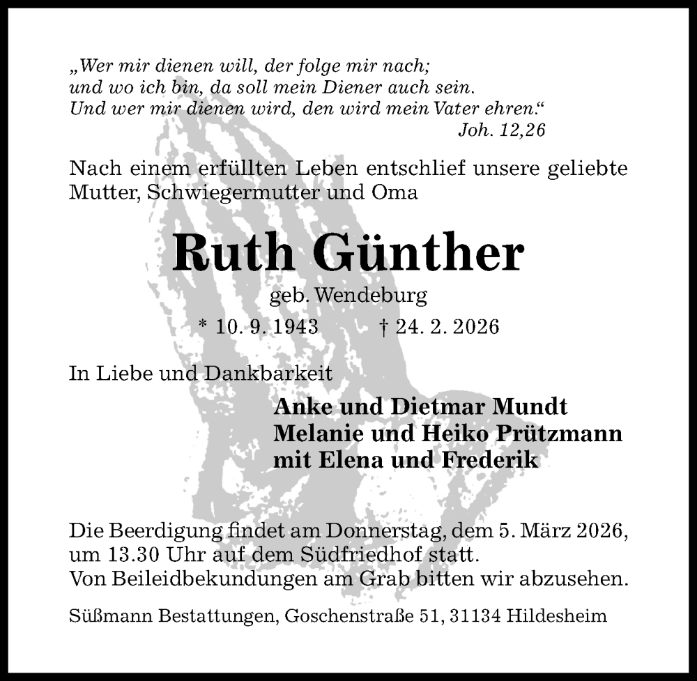  Traueranzeige für Ruth Günther vom 28.02.2026 aus Hildesheimer Allgemeine Zeitung