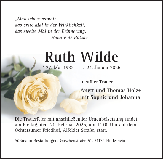 Traueranzeige von Ruth Wilde von Hildesheimer Allgemeine Zeitung