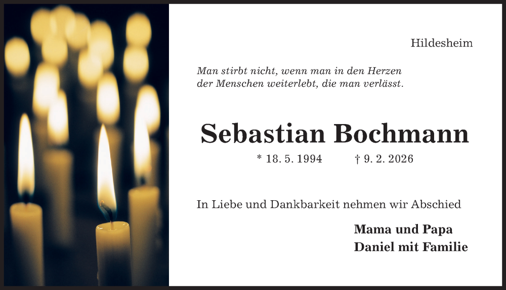  Traueranzeige für Sebastian Bochmann vom 14.02.2026 aus Hildesheimer Allgemeine Zeitung