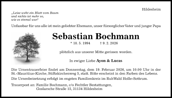 Traueranzeige von Sebastian Bochmann von Hildesheimer Allgemeine Zeitung