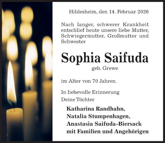Traueranzeige von Sophia Saifuda von Hildesheimer Allgemeine Zeitung
