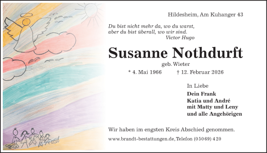 Traueranzeige von Susanne Nothdurft von Hildesheimer Allgemeine Zeitung