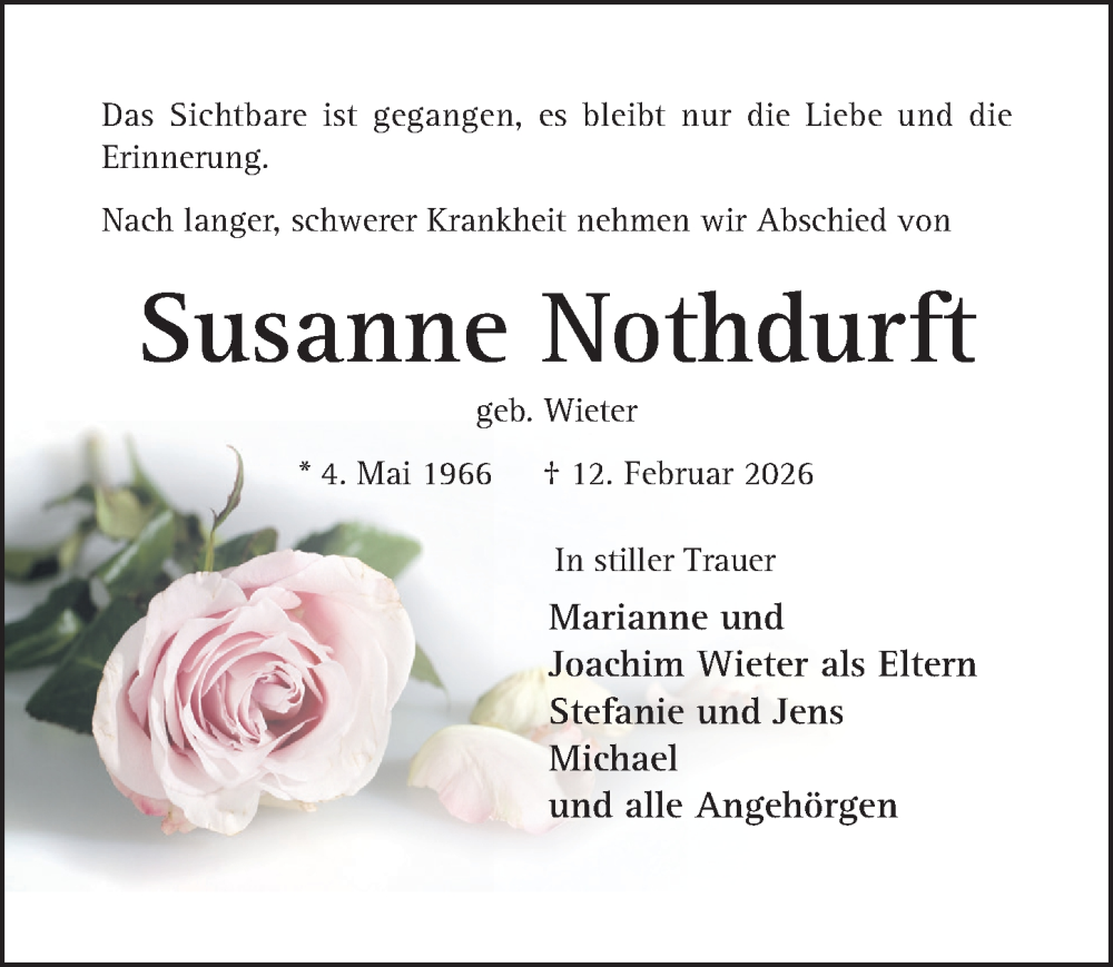  Traueranzeige für Susanne Nothdurft vom 18.02.2026 aus Hildesheimer Allgemeine Zeitung