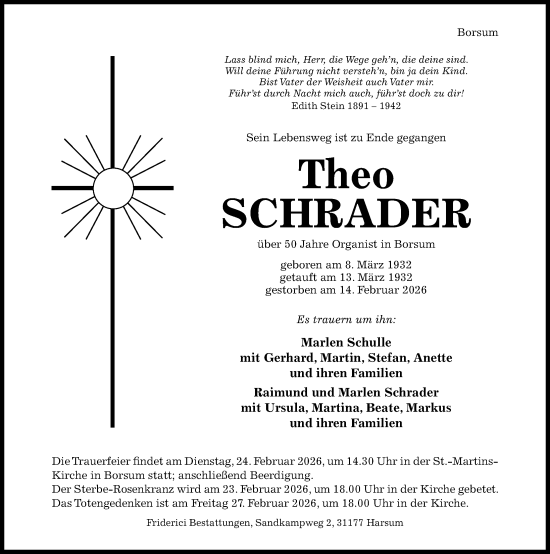Traueranzeige von Theo Schrader von Hildesheimer Allgemeine Zeitung