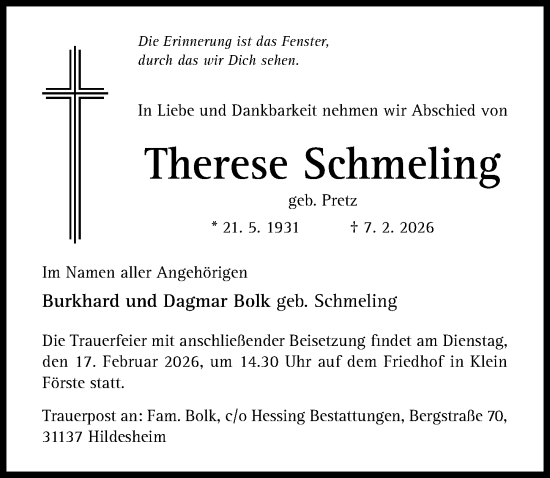 Traueranzeige von Therese Schmeling von Hildesheimer Allgemeine Zeitung