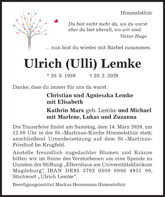Traueranzeige von Ulrich Lemke von Hildesheimer Allgemeine Zeitung