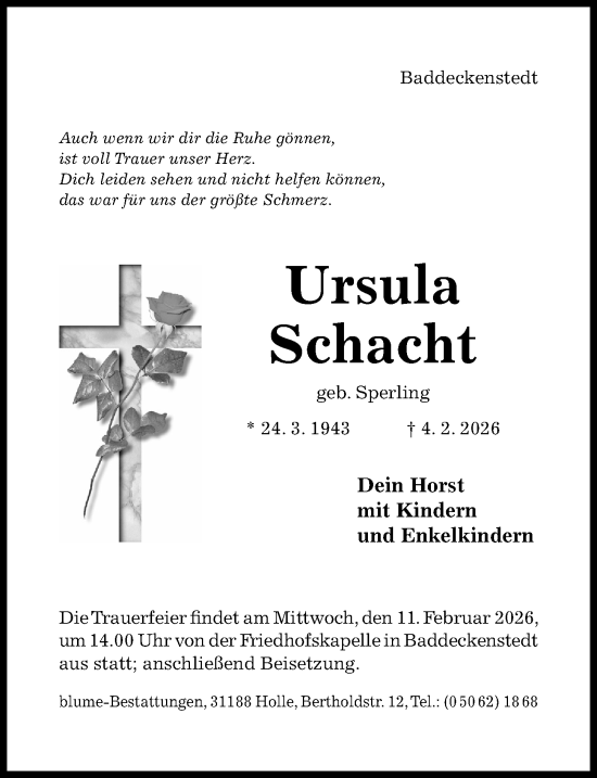 Traueranzeige von Ursula Schacht von Hildesheimer Allgemeine Zeitung