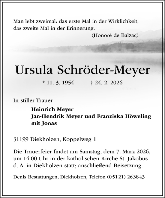 Traueranzeige von Ursula Schröder-Meyer von Hildesheimer Allgemeine Zeitung