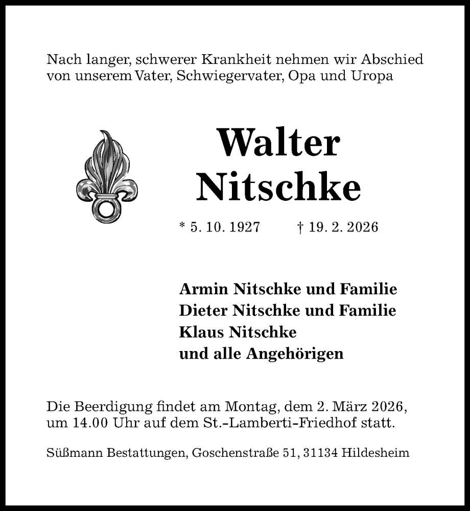  Traueranzeige für Walter Nitschke vom 21.02.2026 aus Hildesheimer Allgemeine Zeitung