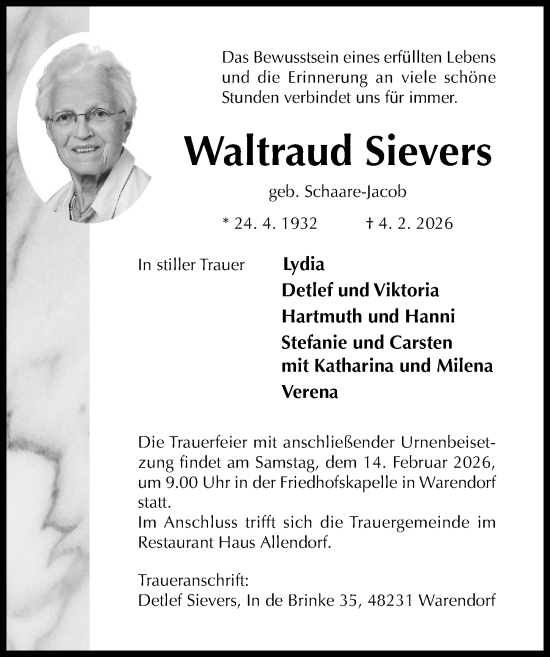 Traueranzeige von Waltraud Sievers von Hildesheimer Allgemeine Zeitung