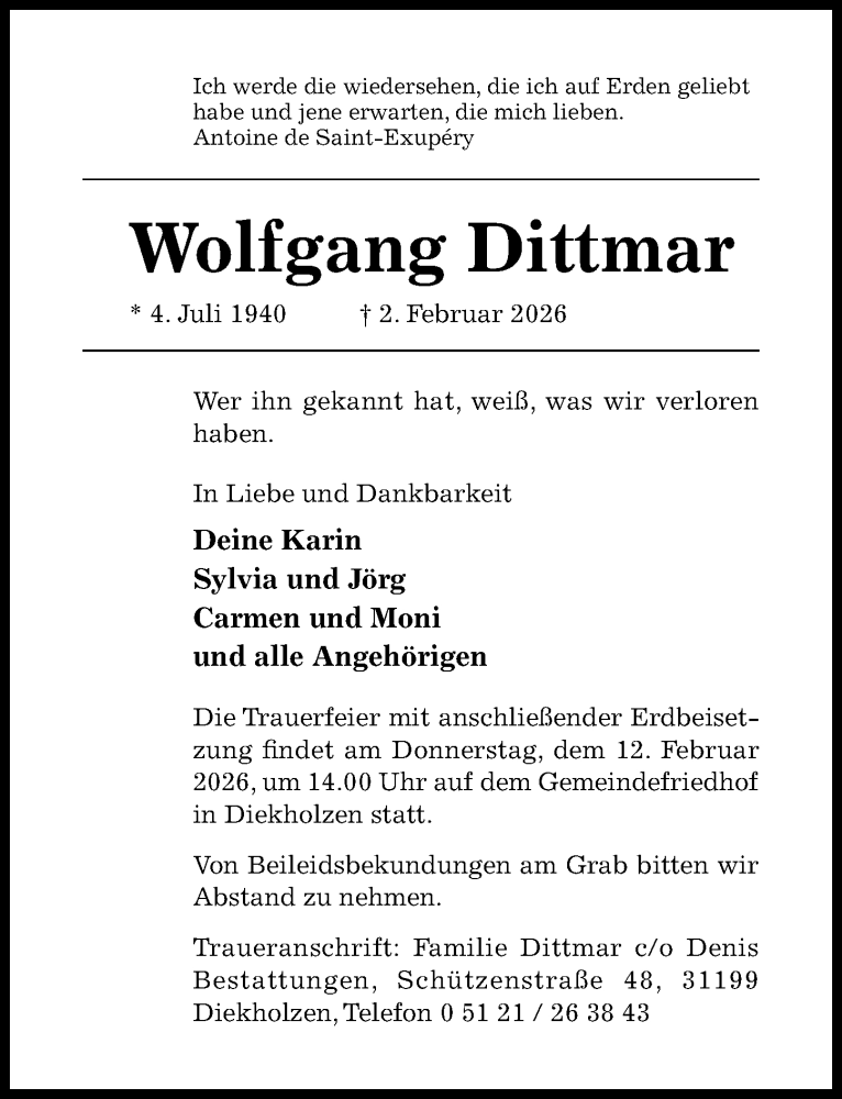  Traueranzeige für Wolfgang Dittmar vom 07.02.2026 aus Hildesheimer Allgemeine Zeitung
