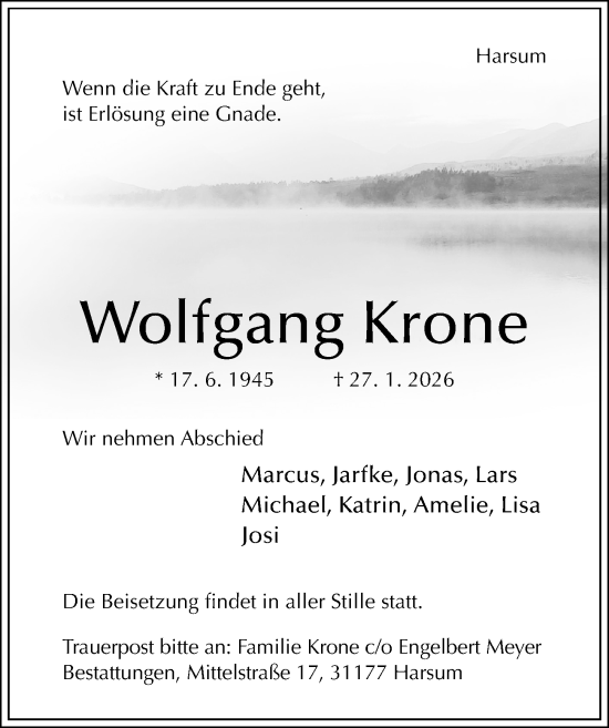 Traueranzeige von Wolfgang Krone von Hildesheimer Allgemeine Zeitung