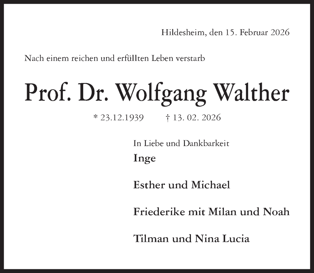  Traueranzeige für Wolfgang Walther vom 18.02.2026 aus Hildesheimer Allgemeine Zeitung